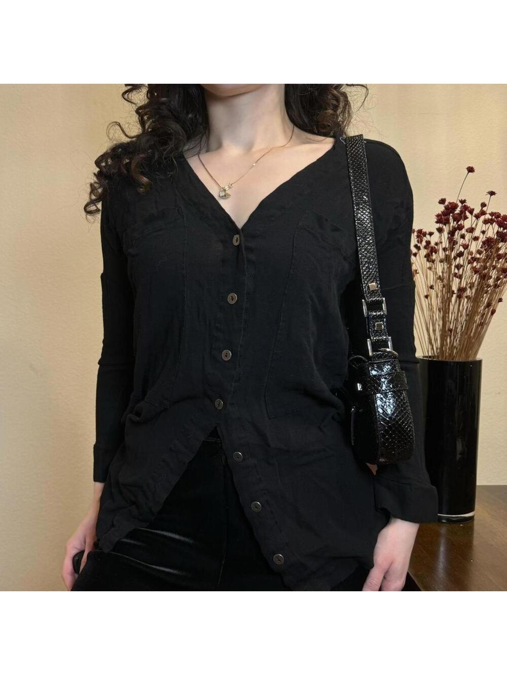 Lush Black Collarless Button Up Blouse Womens Small